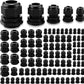 Duraaamo 100pcs Nylon Cable Gland Kit 3-25 mm Cable Gland Connectors NPT Waterproof Strain Relief Cord Connector Black Plastic Cord Grip Weatherproof Cable Pass Through PG7 PG9 PG13.5 PG21 PG29