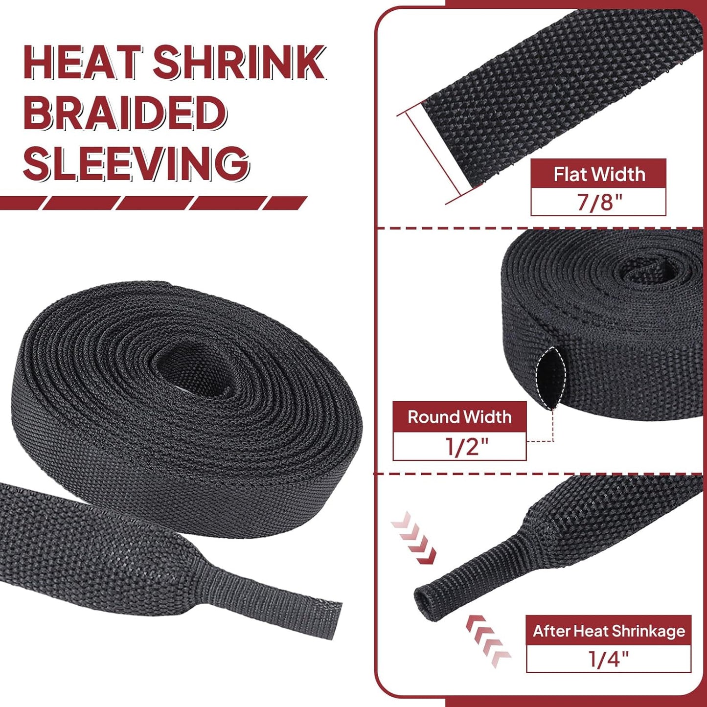 Braided Sleeving 2:1 Shrinkable Fabric Heat Shrink Tubing- Abrasion Protection Flexibility Wiring Harness Cable Sheath (1/2" ID, 16ft)