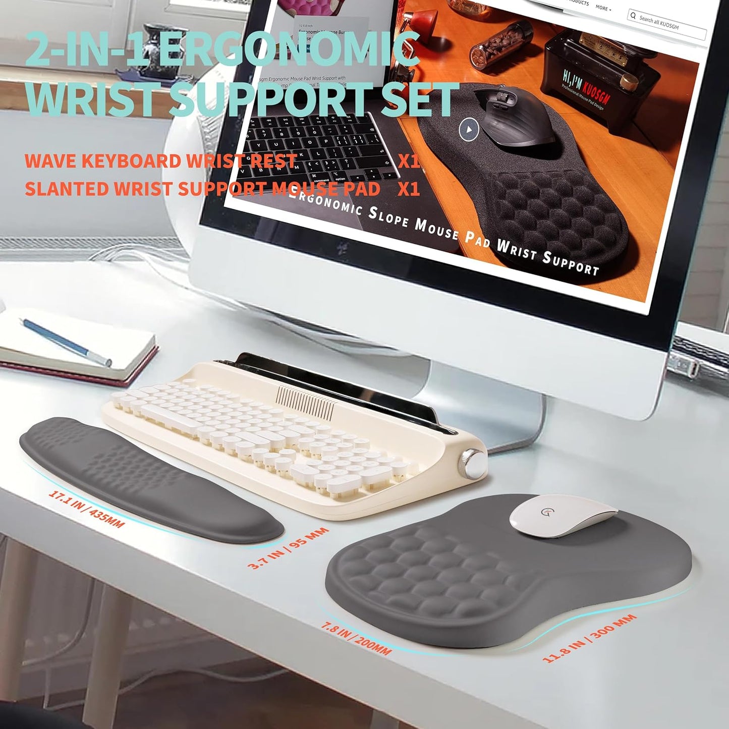 2-in-1 Ergonomic Set, Wave Rise Keyboard Wrist Rest and Massage Bulge Slope Mouse Pad Wrist Support, Cushion Memory Foam Integrated to Relieve Wrist Pain, Deep Gray