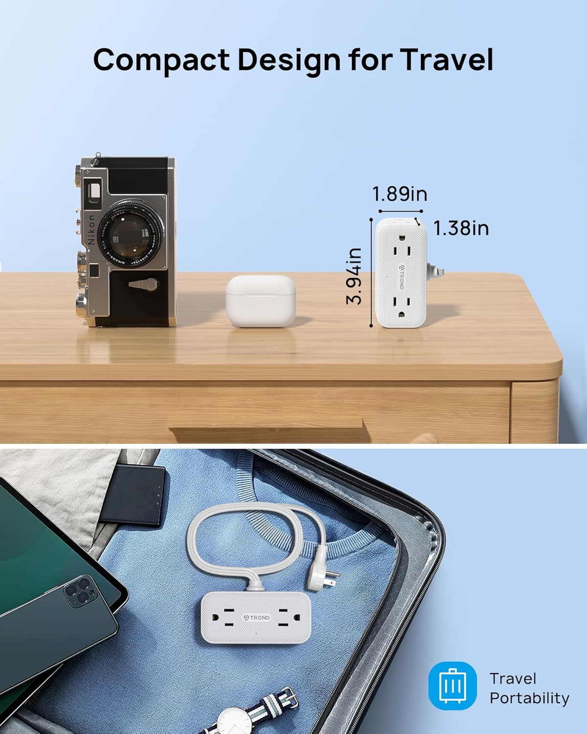 TROND 360° Rotating Flat Plug Power Strip, 10FT Extension Cord with 4 USB Ports, 4 Wide Spaced AC Outlets, Wall Mount, Surge Protector Power Strip for Office Travel Dorm Room Essentials, White