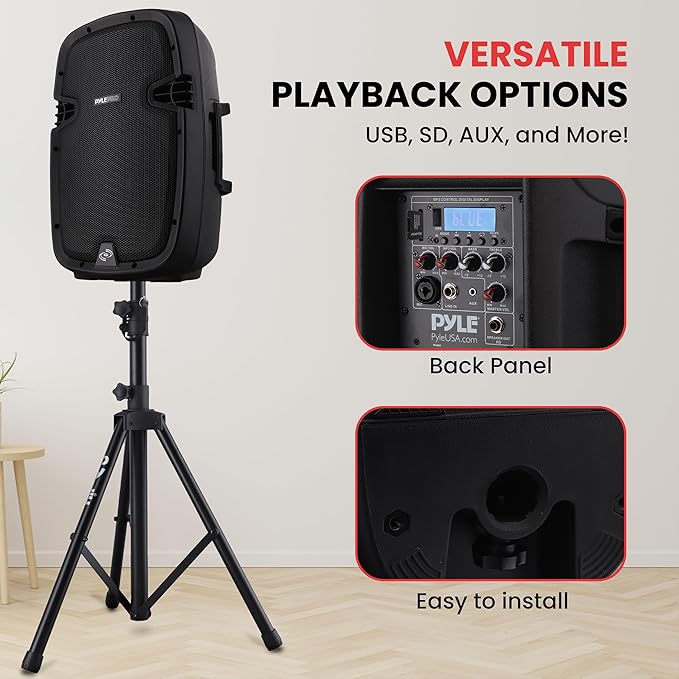 Pyle Wireless Portable PA system - 1000W High Powered Bluetooth Compatible Active + Passive Pair Outdoor Sound Speakers w/ USB SD MP3 AUX - 35mm Mount, 2 Stand, Microphone, Remote - Pyle PPHP1049KT