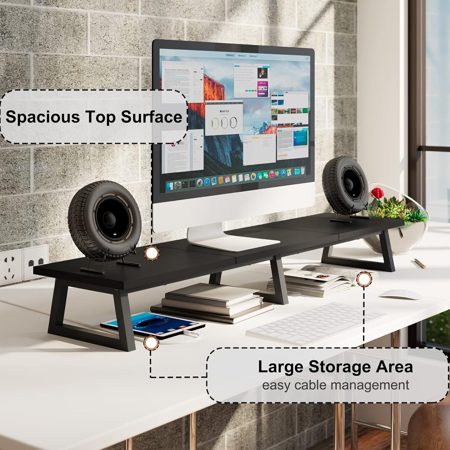 TEAMIX Black 42 inch Dual Monitor Riser,Wood and Steel Long Monitor Stand for 2 Monitors with Storage Large TV Riser Computer Laptop Stand for Desk Office Organization