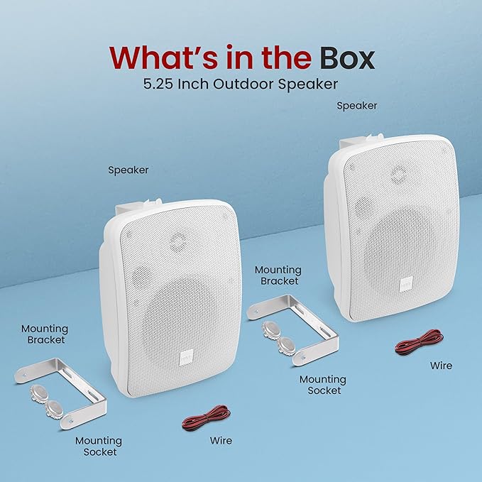 Pyle 5.25" Outdoor Bluetooth Speakers, Waterproof Wall Mount Speaker System with Active/Passive Pair, 600W Power, Weatherproof Housing for Indoor or Outdoor Use, White