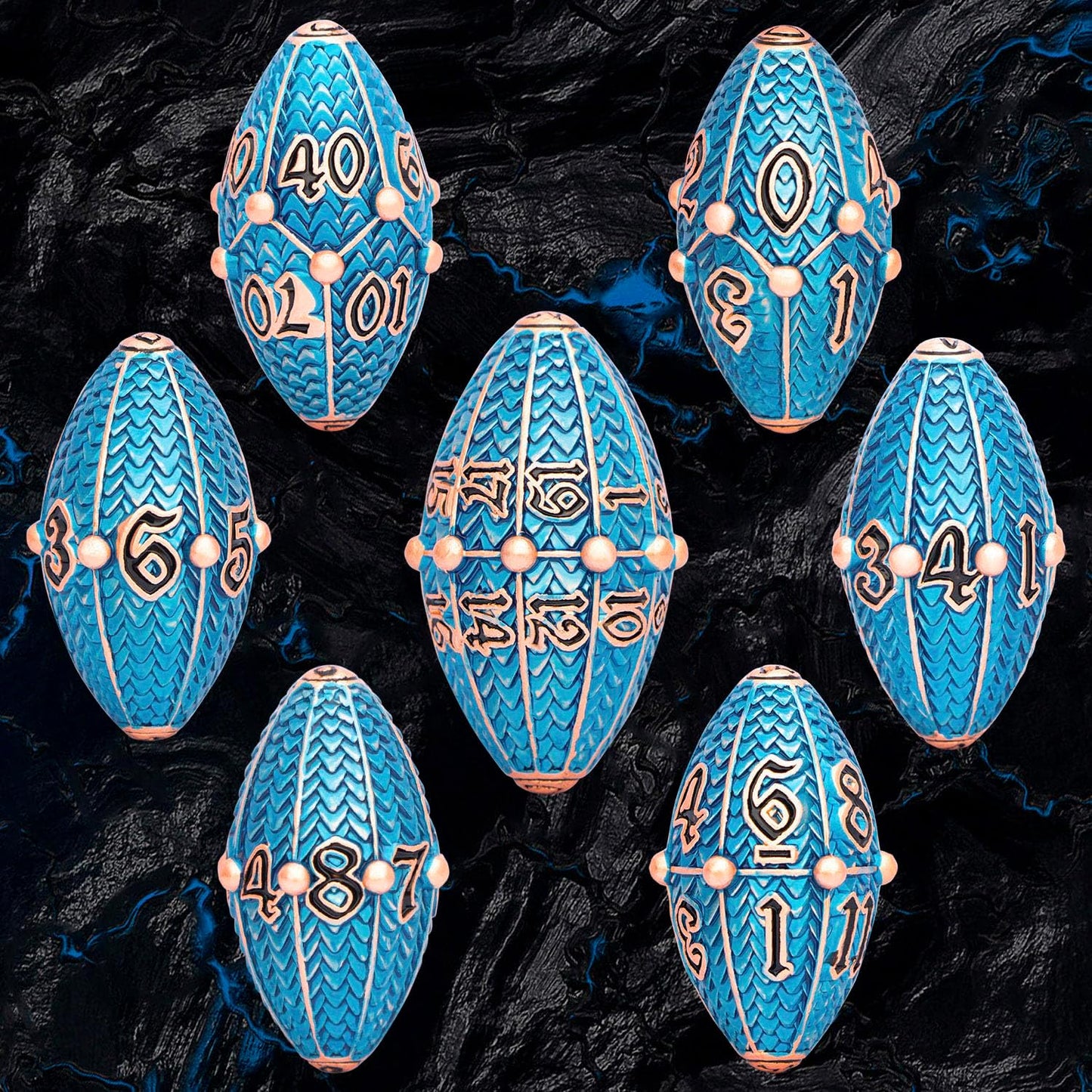ARUOHHA DND Metal Dice Copper Blue Dragon Egg Dice with Rotating Dragon Egg Shell, Role Playing Game RPG Polyhedral D and D Dice Set D20 D12 D10 D8 D6 D4