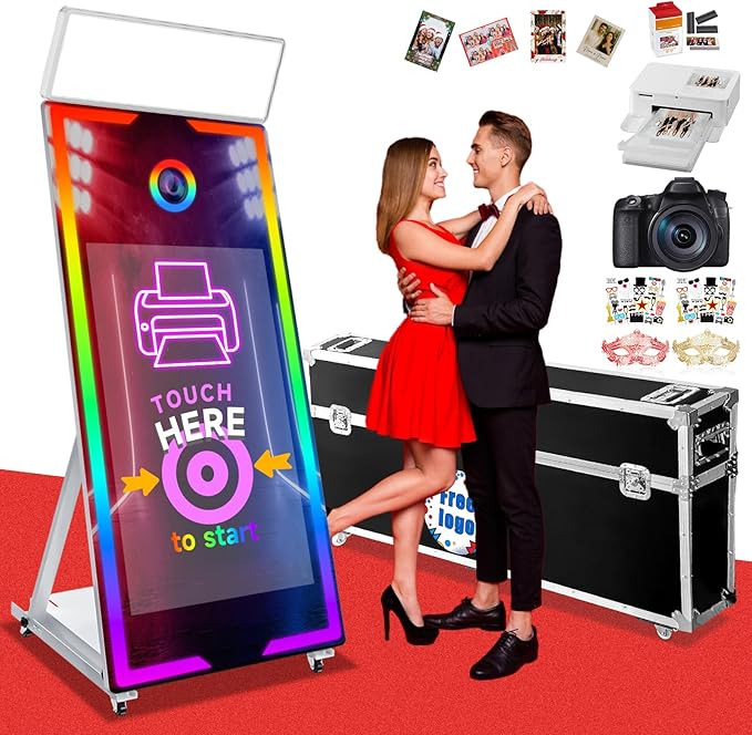 Magic Mirror Photo Booth 65’’ with Camera and Printer, Portable 43“ Touch Screen Mirror Photo Booth with APP Control, Professional Photography Fill Light for Wedding Event Party Rental (White, 65-43")