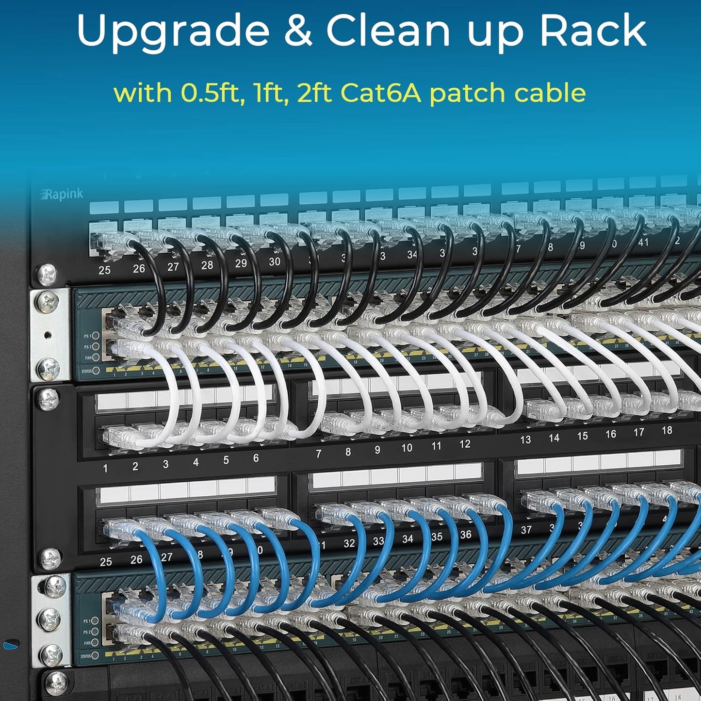 Rapink Patch Cables Cat6/ Cat6a 10ft (24 Pack) Slim, Cat6a Ethernet Patch Cable 10G Support, Snagless Cat 6 Patch Cable for Patch Panel to Switch, Flexiable Cat6 Ethernet Cable White (24PC6AW-10)