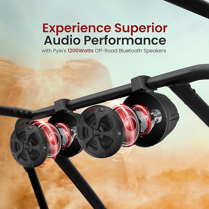 Pyle 6.5” Bluetooth Speakers, 1200W Amplified Speaker System with 2-Way Full Range Stereo, Marine Grade Water-Resistant Audio for ATV, UTV, Jeep, Off-Road Adventures & Boat Audio Setup