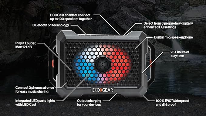 ECOXGEAR Defender: Outdoor Portable Bluetooth Speaker, 121dB Massive Sound, Waterproof and Drop Proof, with LED Party Lights, Pair up to 100, 25+ Hours Playtime (Black Oak)