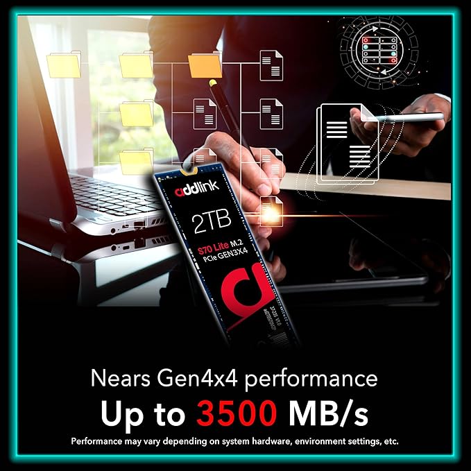 Addlink S70 Lite 2TB Ultra Durability Gaming SSD Maximum Speed 3500 MB/s Internal Solid State Hard Drive - M.2 2280 PCIe 3.0 NVMe Gen3X4 3D NAND SSD (ad2TBS70M2P)