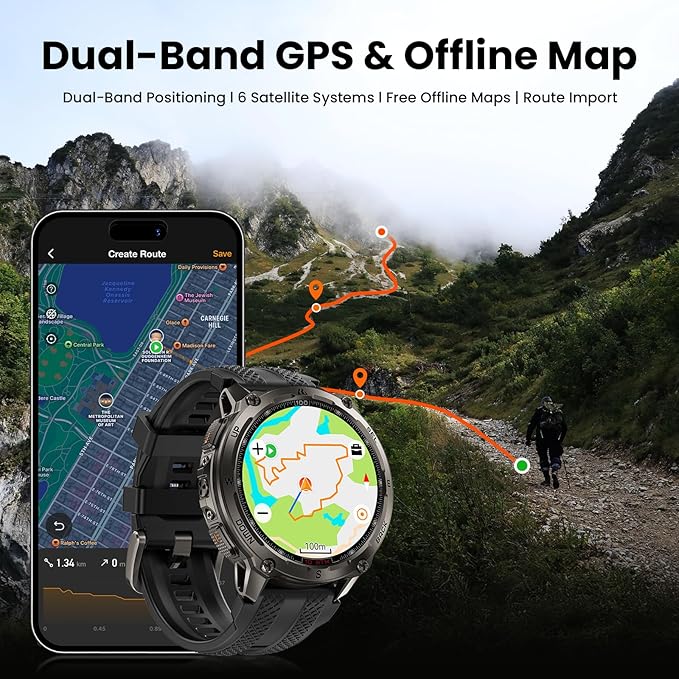 KOSPET Tank T4 Smart Watch for Men, Full Stainless Steel, 6 Satellite GPS & Offline Maps, 100M Waterproof 45m Freediving, 50-Day Battery, Bluetooth Calls, 24/7 Heart Rate/Sleep Monitor