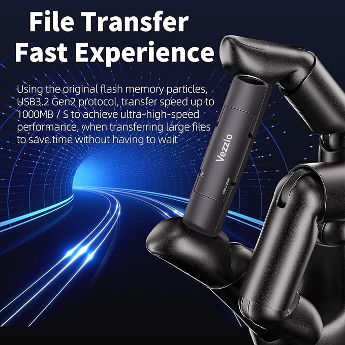 512GB Flash Drive, Vezzio External SSD Speed to 1000MB/s USB C Flash Drive, USB 3.2 Gen2+Type C Dual Portable SSD, Thumb Drive for iPhone17,16,15 Series/MacBook/Android Phone/Audio etc