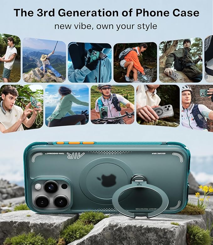 TORRAS Ostand Q3 Air for iPhone 15 Pro Case with 360 Magnetic Stand, Fit for MagSafe, Mil-Grade Drop Tested, Camera Control Button, Shockproof Phone Case for iPhone 15 Pro 6.1", Glacier Sprint