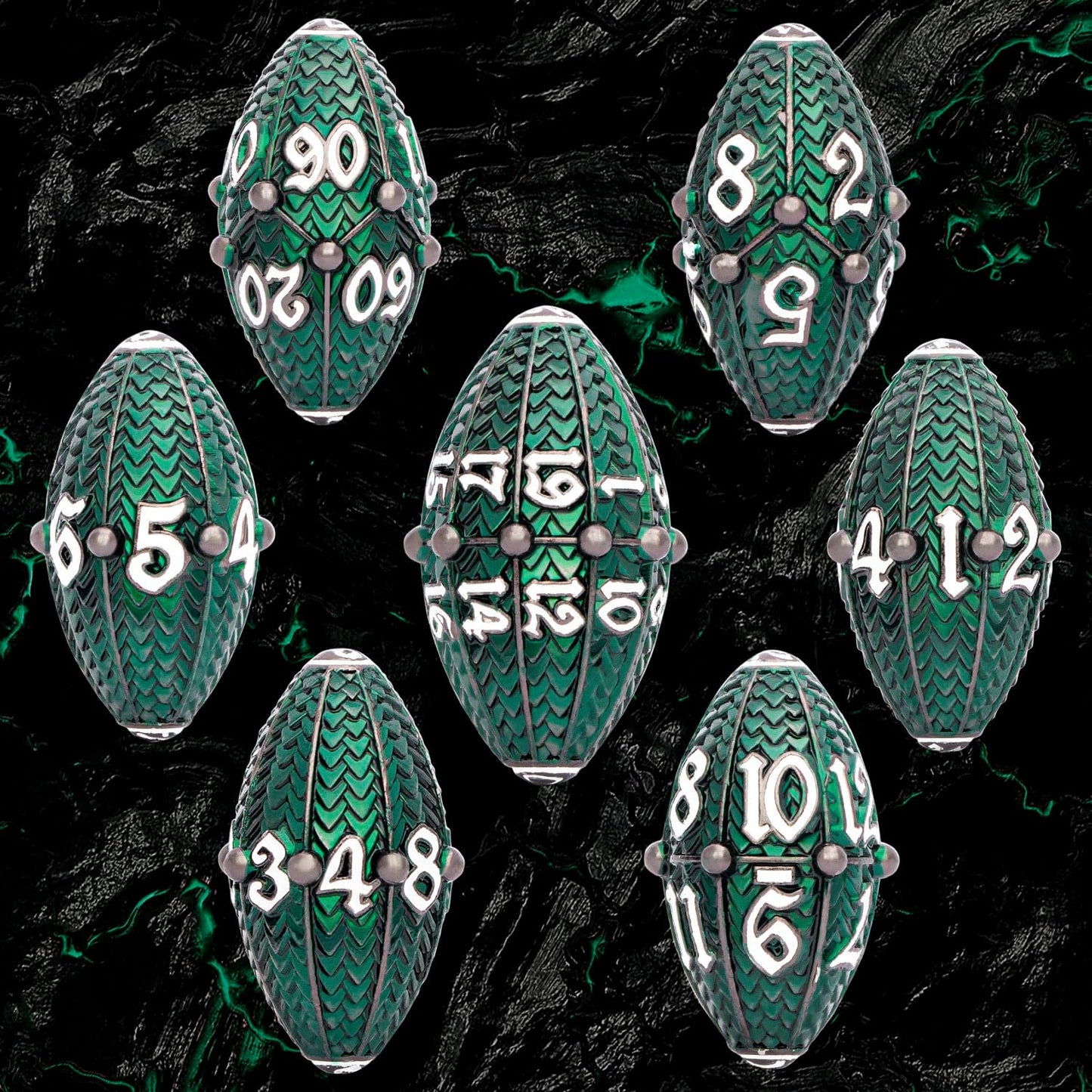 ARUOHHA DND Metal Dice Black Green Dragon Egg Dice with Metal Box, Role Playing Game RPG Polyhedral D and D Dice Set D20 D12 D10 D8 D6 D4