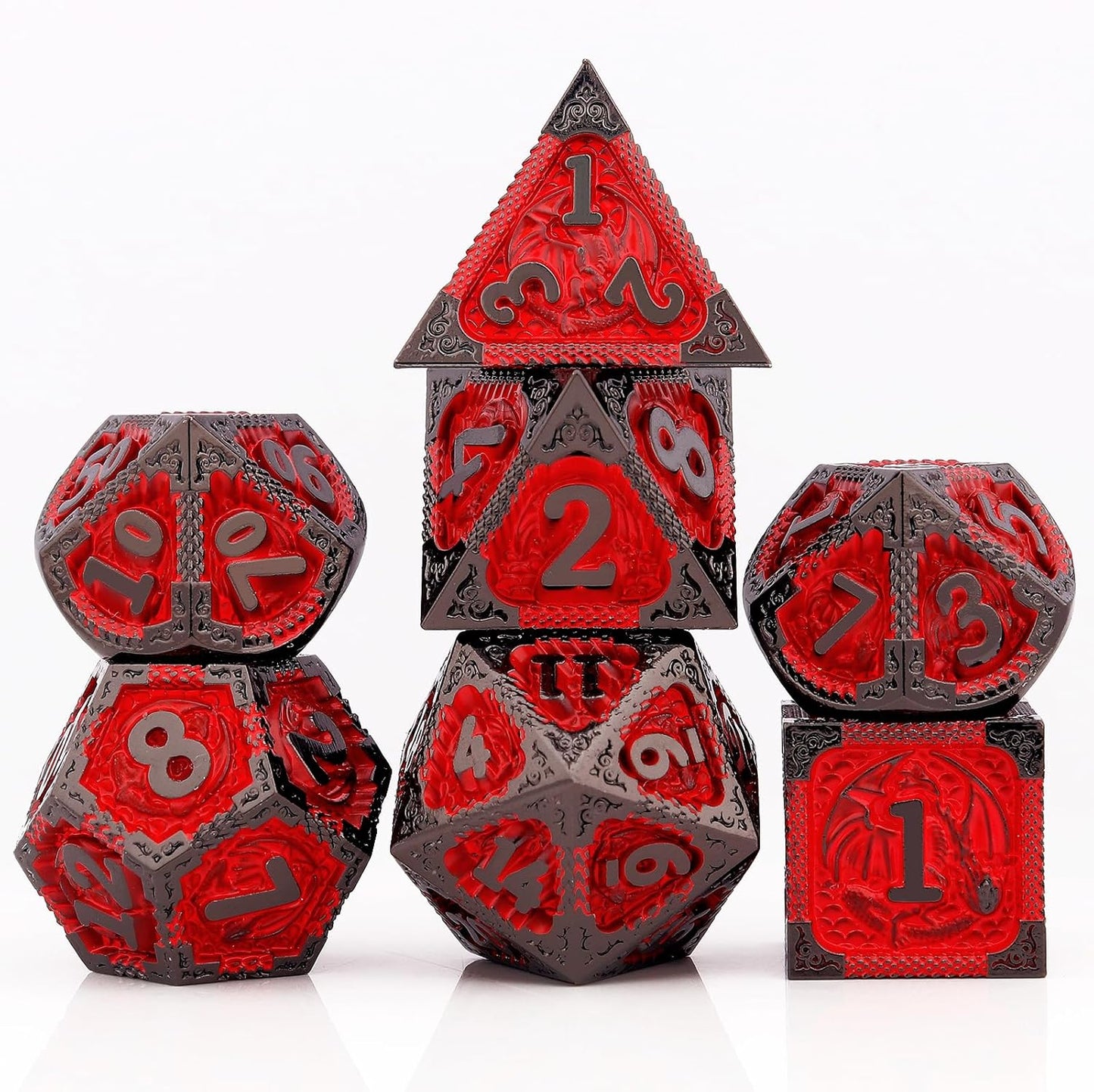 PJOY Metal DND Dice Set D&D Dragon Dice Black Red with Metal Case D and D Dice for Dungeons and Dragons TTRPG Gifts