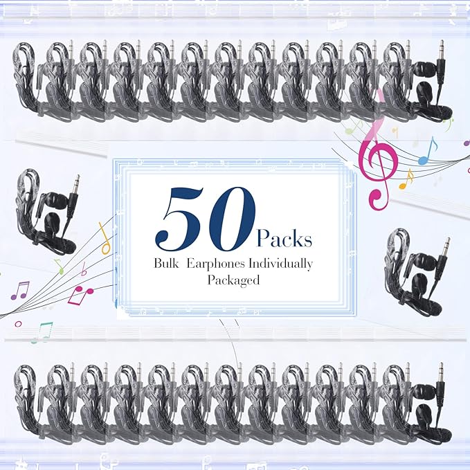 Kanayu 50 Pack Wired Earbuds Bulk for Classroom Ear Headphones Wired Basic Student Earbuds No Microphone with 3.5MM Jack for Class Laptop School Library, Individually Bagged (Black)