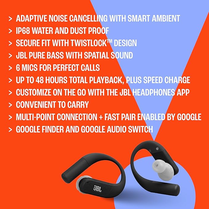 JBL Endurance Peak 4 - True Wireless Noise Cancelling Sport Earbuds, Up to 48Hrs Total Playback, Water & dust Proof (IP68), Secure fit with TwistLock™ Design, & 6 mics for Perfect Calls (Black/Grey)