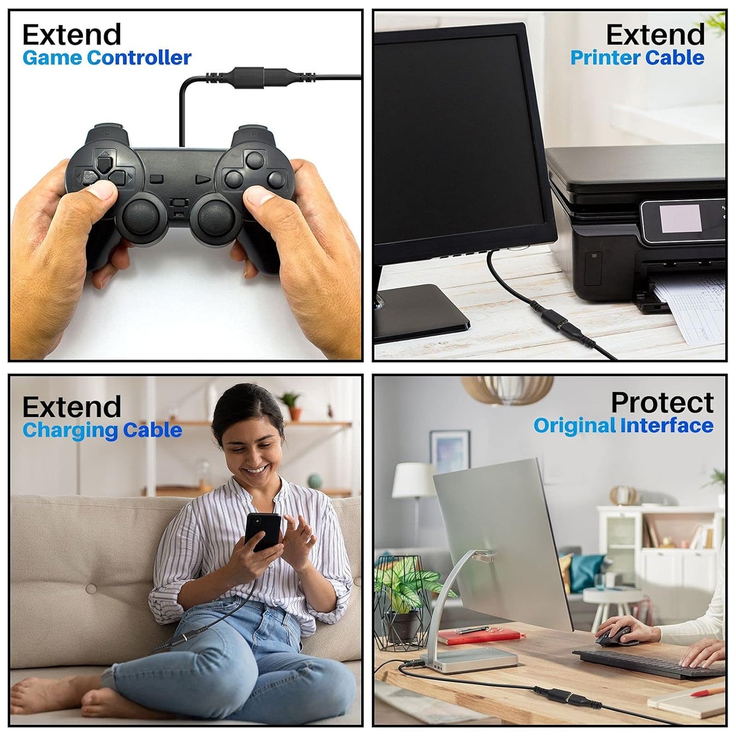 3 Pack USB 3.0 Extension Cable 12 Feet, USB A Male to Female Extender Cord, 5Gbps Data Transfer for Webcam, Printer, Keyboard, Mouse, Flash Drive, Hard Drive, Controller, Black Cable with 5 Cable Ties