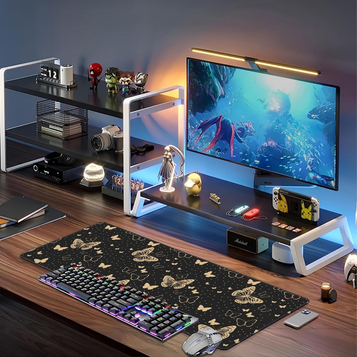 Golden Butterflies Desk Mat,Large Butterfly and Round Spots Gaming Keyboard Mouse Pad,Non-Slip Rubber Base Desk Pad Thick Stitched Edges Waterproof Mousepad Mouse Mat 31.5"x11.8"