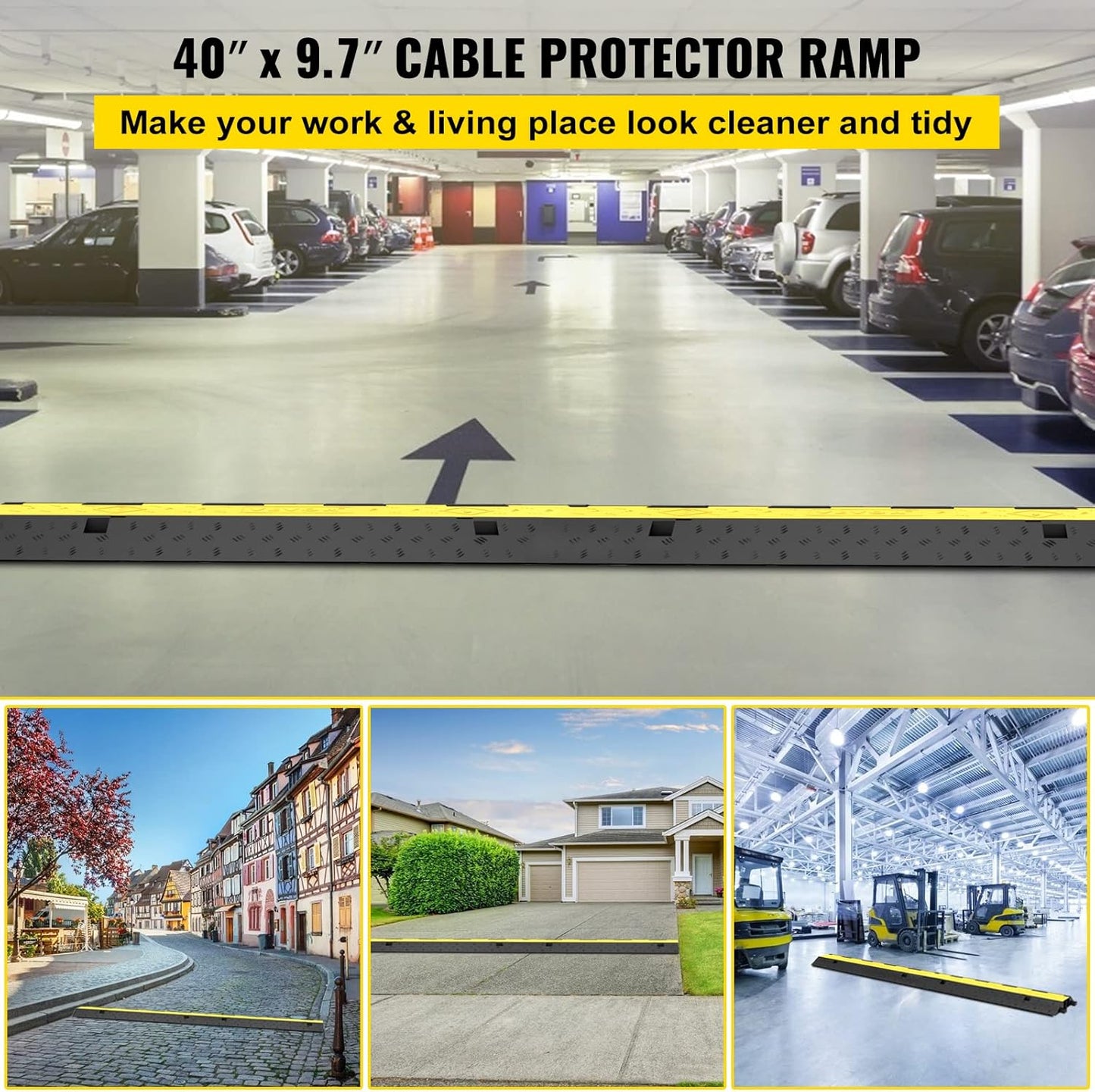 VEVOR Cable Protector Ramp, 4 Packs 2 Channels Rubber Modular Speed Bumps Rated 11000 LBS Load Capacity, Protective Wire Cord Ramp Driveway Rubber Traffic Speed Bumps Hump Cable Protector