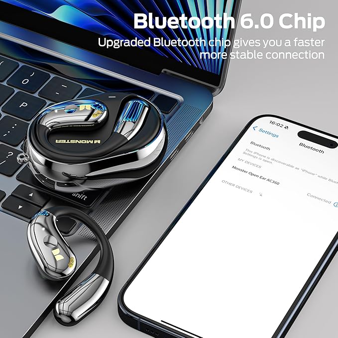 Monster Open Ear AC360, Wireless Bluetooth Rotary Earphone, with Lanyard, Upgraded Bluetooth 6.0, Touch Control, 24h Long Battery Life, IPX5 Waterproof,Long-Lasting Wear Without Fatigue（Black）