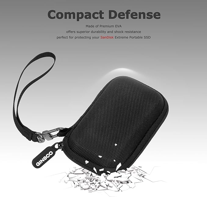 Ginsco Ultra-Compact Case Exclusive for Sandisk Extreme Portable SSD E30/E61, Compatible with SanDisk Extreme Portable 500G/1TB/2TB/4TB/8TB, Hard Shell Travel Protective Case with Detachable Strap