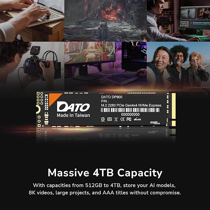 DATO 1TB M.2 SSD, M.2 2280 SSD, PCIe Gen4x4 Internal Solid State Drive for Gaming, Up to 7000/6500 MB/s, DP900 Series