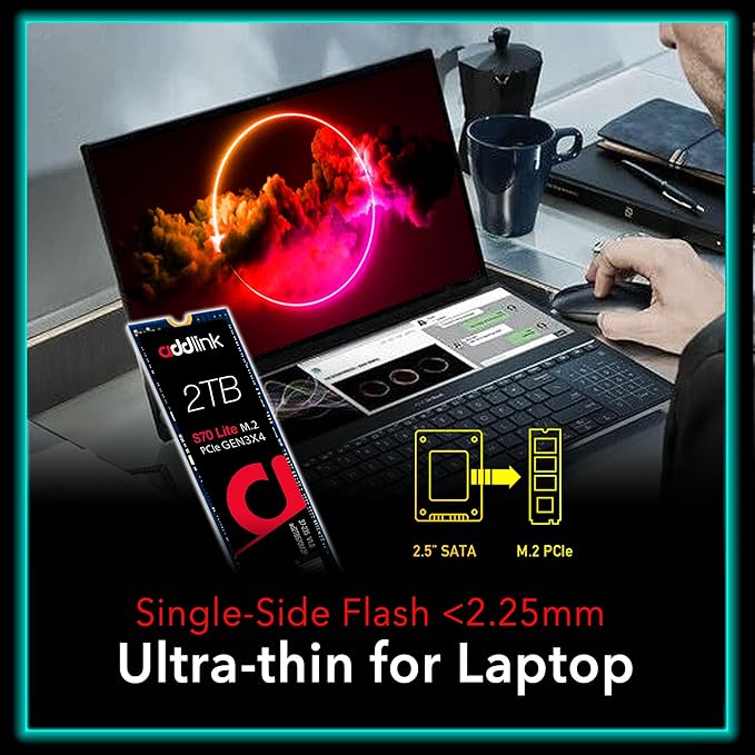 Addlink S70 Lite 2TB Ultra Durability Gaming SSD Maximum Speed 3500 MB/s Internal Solid State Hard Drive - M.2 2280 PCIe 3.0 NVMe Gen3X4 3D NAND SSD (ad2TBS70M2P)