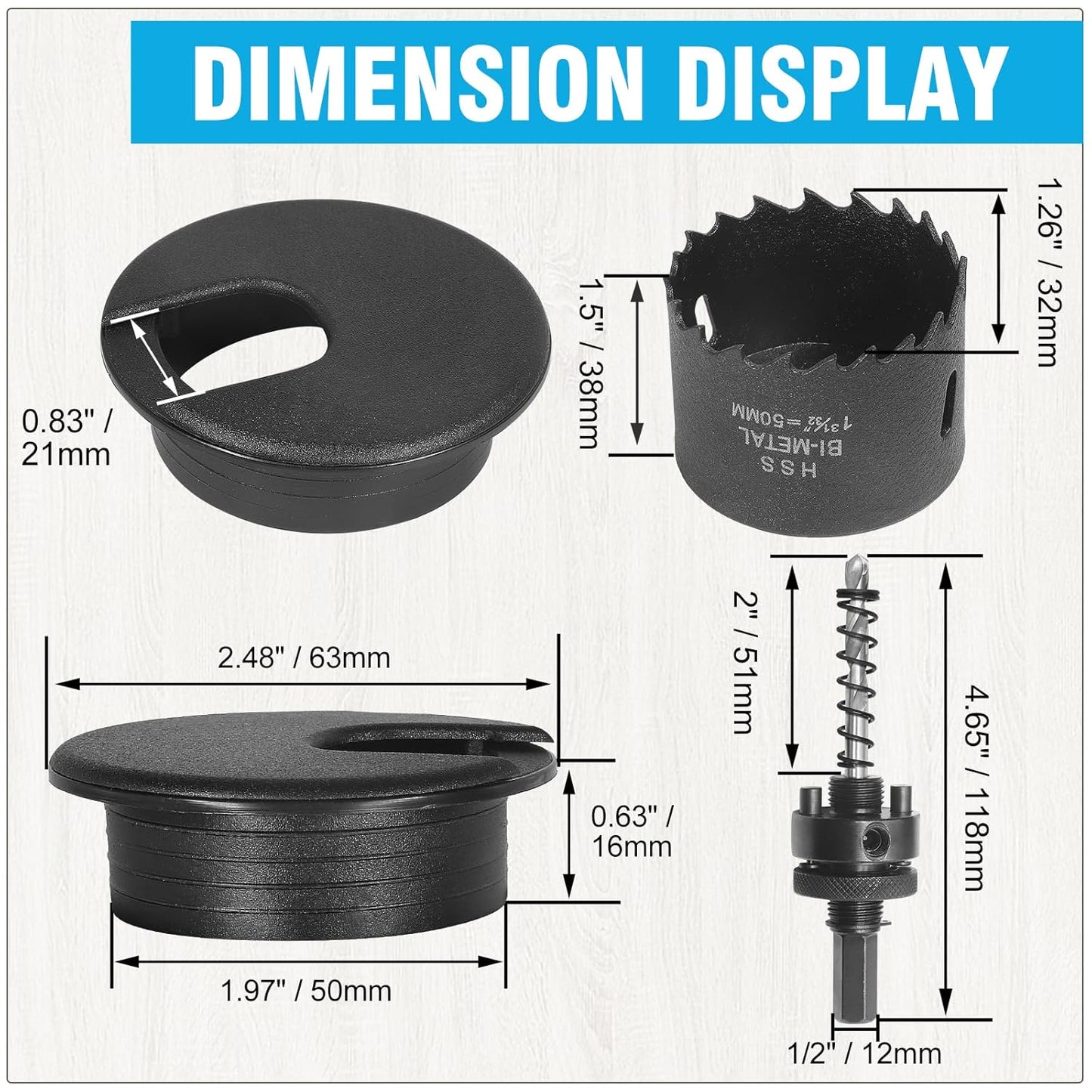 2" Black Desk Grommet with Bi-Metal Hole Saw, JTemgle Plastic Cable Hole Cover Computer Table Cord Wire Organizer Caps, Desktop Cord Management for Home Office TV Stands Tabletops, 7 Pieces