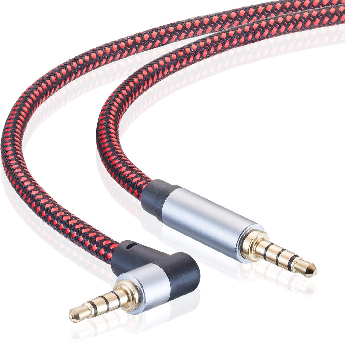 Male to Male Audio Cable 6Ft, 90 Degree TRRS 3.5mm 4 Pole Nylon Braided Stereo Aux Cable for Headphones, PS4, Phone, Tablet, Headset, PC, Laptop and More