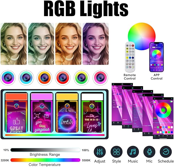 Magic Mirror Photo Booth 65’’ with Camera and Printer, Portable 43“ Touch Screen Mirror Photo Booth with APP Control, Professional Photography Fill Light for Wedding Event Party Rental (White, 65-43")