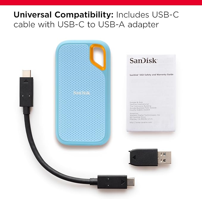 SANDISK 4TB Extreme Portable SSD - Up to 1050MB/s, USB-C, USB 3.2 Gen 2, IP65 Water and dust Resistance, Updated Firmware, Sky Blue - External Solid State Drive - SDSSDE61-4T00-G25B