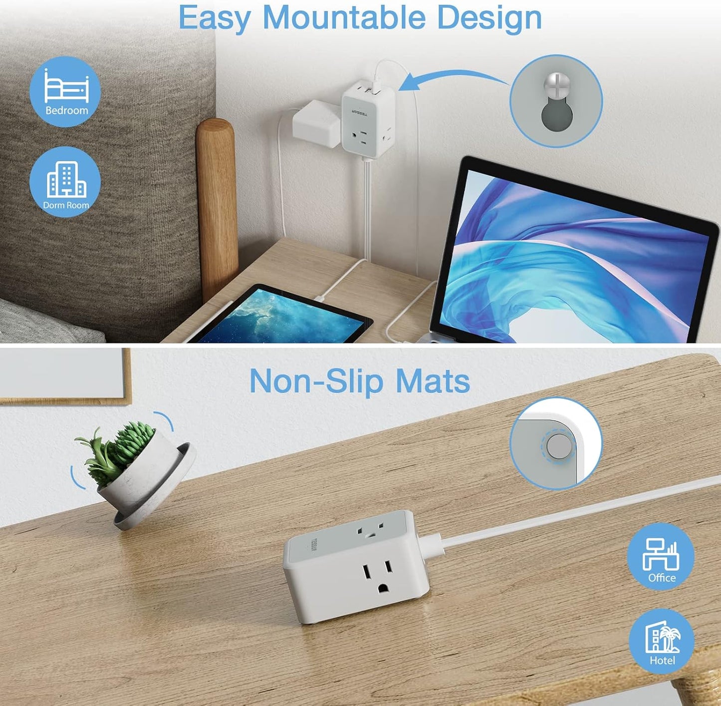 Ultra Thin Flat Extension Cord 10 FT, TESSAN Small Flat Plug Power Strip with 3 USB Charger (1 USB C), 3 Outlets Desk Charging Station, 10 Feet Long Slim Plug for Travel, Dorm Room, Office Essentials