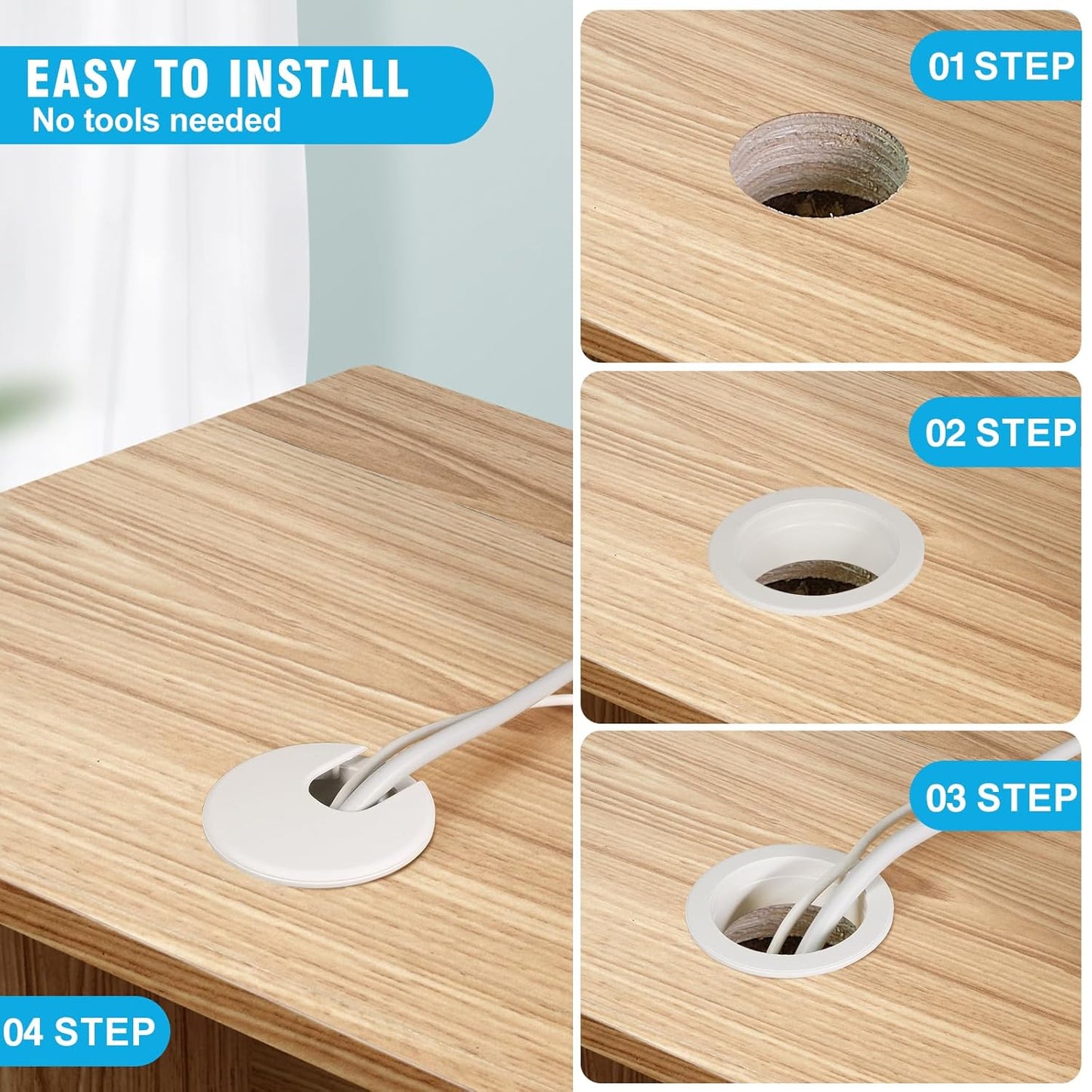 1-1/2" White Desk Grommet, JTemgle Plastic Cable Hole Cover Computer Table Cord Wire Organizer Caps Desktop Cord Management for Home Office TV Stands Tabletops, 5 Pieces