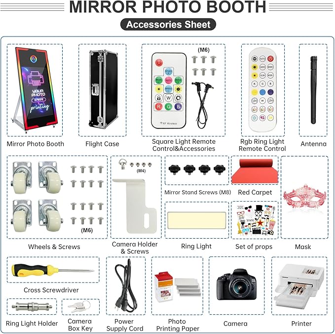 Magic Mirror Photo Booth 65’’ with Camera and Printer, Portable 43“ Touch Screen Mirror Photo Booth with APP Control, Professional Photography Fill Light for Wedding Event Party Rental (White, 65-43")