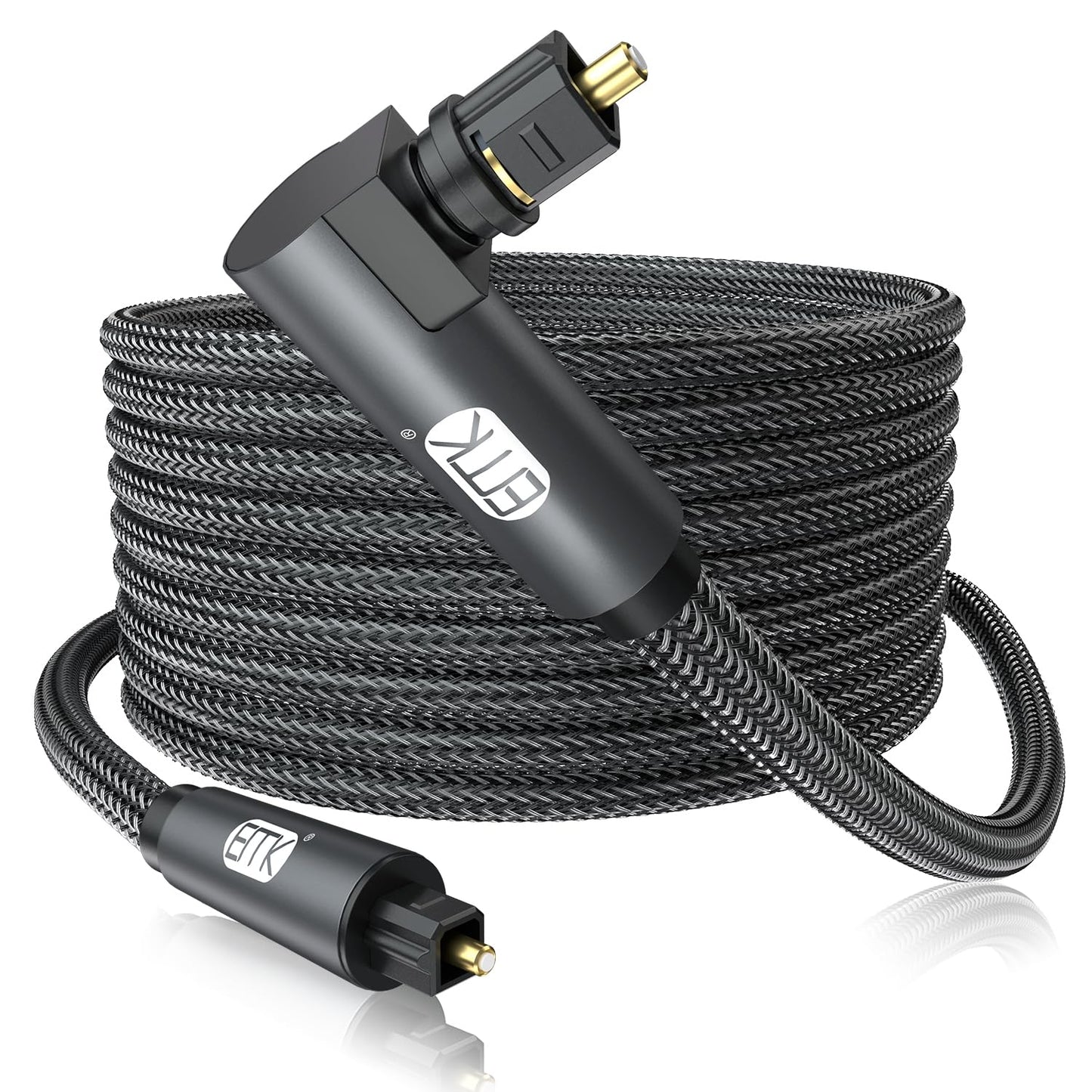 EMK 90 Degree Toslink Optical Cable 360 Degree Free-Rotating Plug Fiber Optic Cable S/PDIF Toslink Male to Male Cable for Home Theater, Sound Bar, TV, PS4, Xbox,Grey (25ft/7.6m)