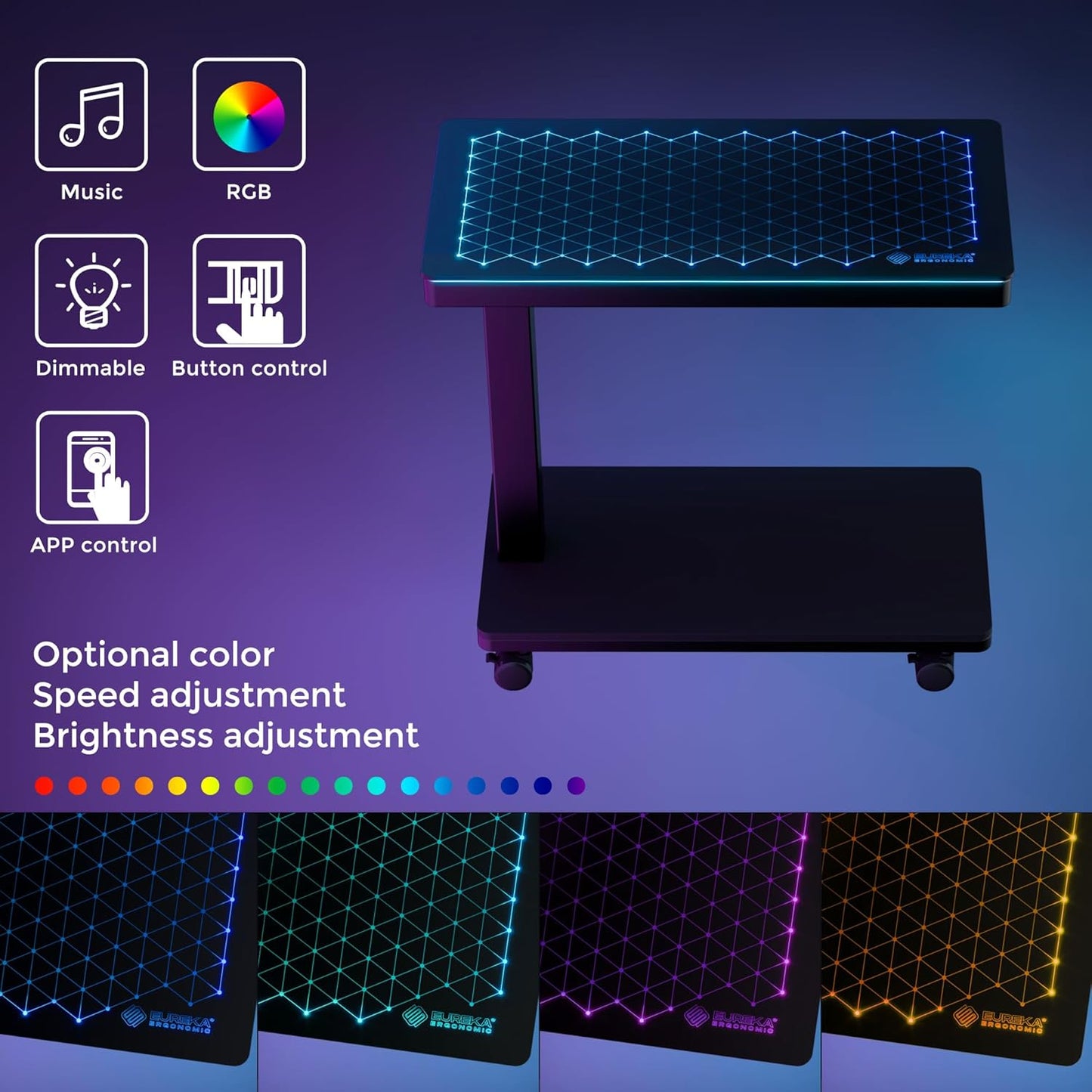 EUREKA ERGONOMIC Height Adjustable Computer Tower Stand, Illuminated Glass Panel PC Stand w/RGB Lights, 2-Tier CPU Holder Cart Under Desk, PC Floor Stand for Office Gaming, APP Control
