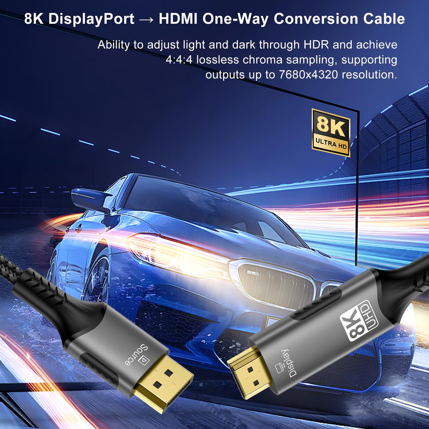 FDBRO 8K DisplayPort to HDMI Cable Active 8K@60Hz 4K@120Hz 32.4Gbps, Uni-Directional, DP 1.4 to HDMI 2.1 Cord Support HDR/HDCP 2.2/DSC 1.2 for Gaming Monitor, TV, PC (Gray & Black, 3M (10FT))