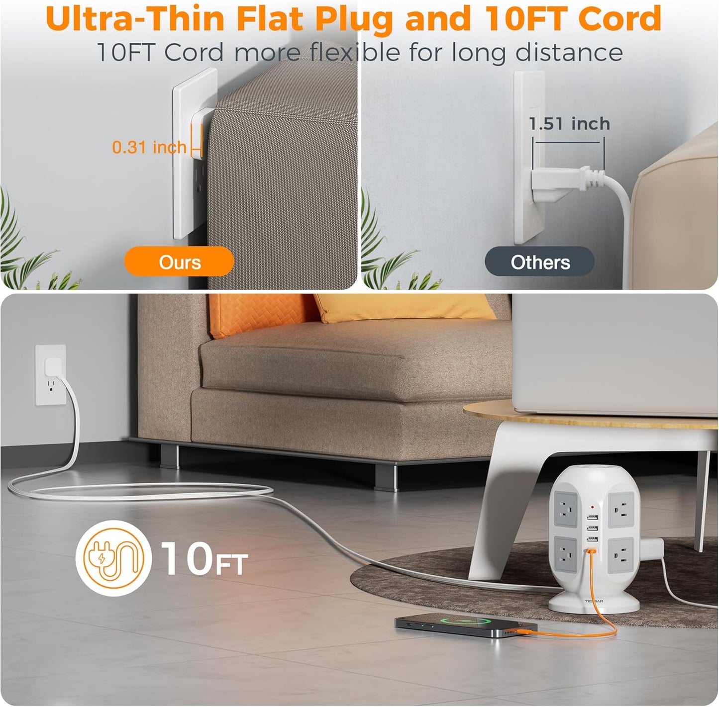 TESSAN Tower Surge Protector Power Strip 10 ft, Long Flat Extension Cord with Multiple Outlets, 8 AC Outlets with 4 USB Ports (1 USB C), Charging Station with Surge Protection, for Home Office Dorm