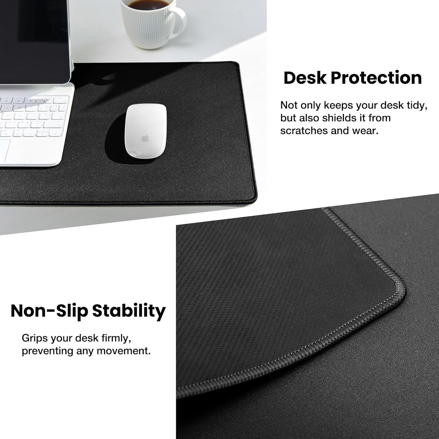 ALOANES Black Waterproof Desk Mat, Large Mouse Pad with Extended Mouse Mat, with Anti Slip Base, Stitched Edge, Grain Jacquard Surface, Perfect for Gamer, Office & Home, XXL 11.81''x31.50''x0.12''