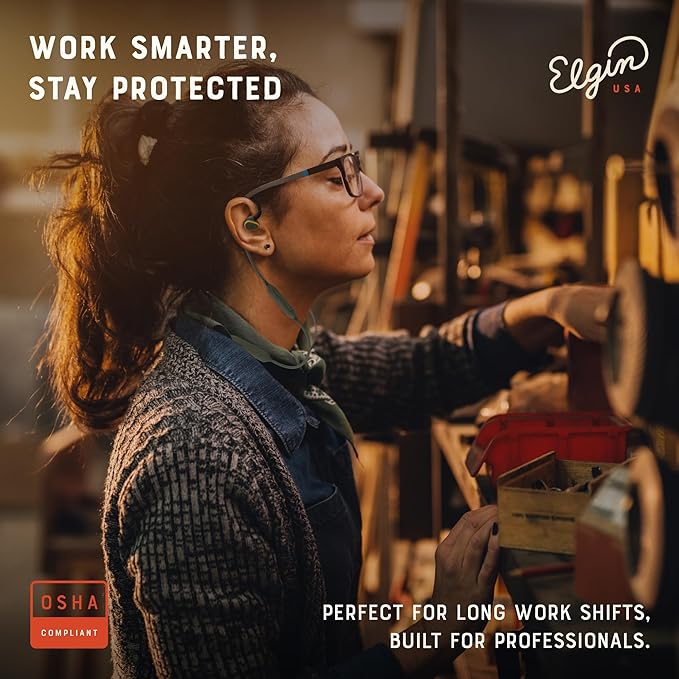 Elgin Rumble Gen 2 Bluetooth Earbuds, 31 dB Noise Reduction with Fusion Tips, IP67 Waterproof Wireless Earplugs, OSHA Compliant ANSI Certified Hearing Protection, 20 Hour Battery, Noise Canceling Mic