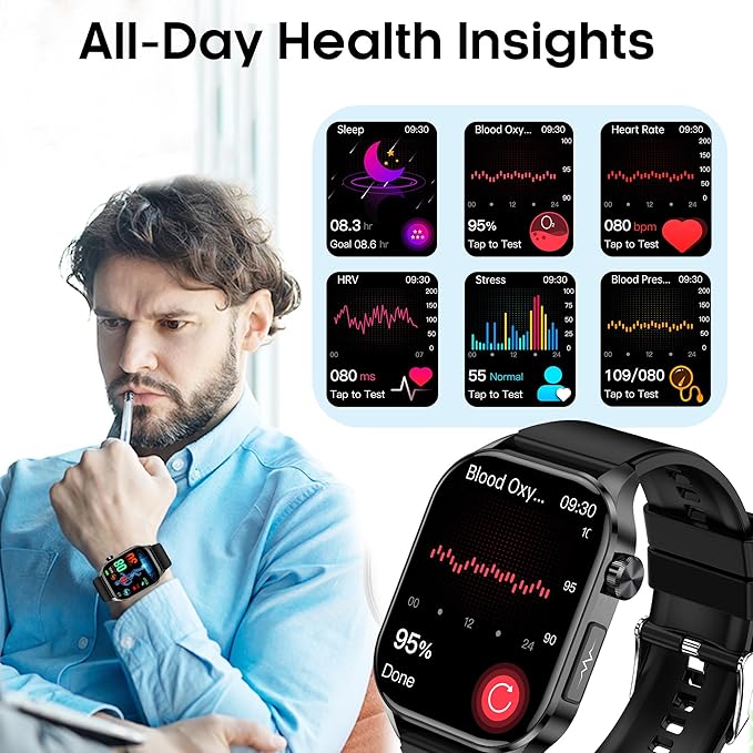 Advanced Health Smartwatch for Women Men with Real-Time Monitoring of Heart Rate, Blood Oxygen, Body Temperature, Blood Pressure, Sleep Quality and Stress Levels.Always-On Display (Blue)