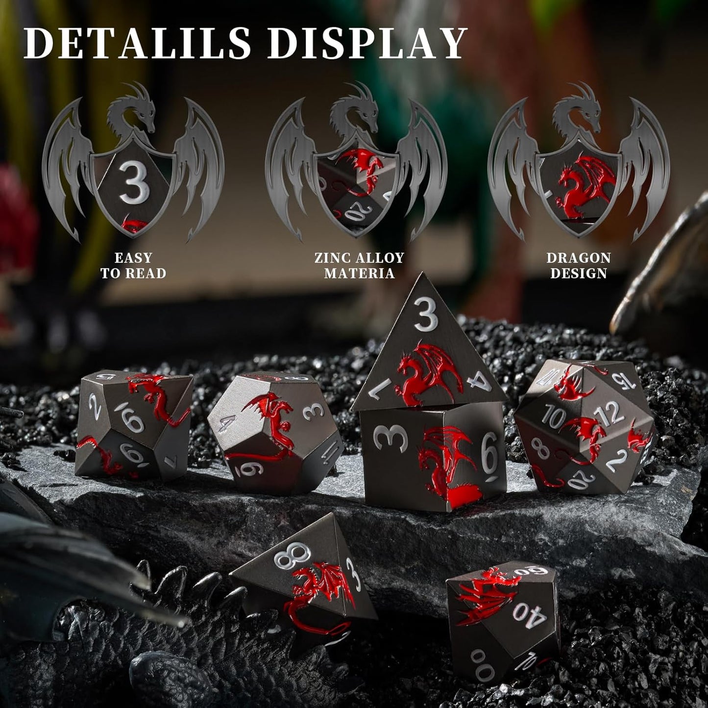 Metal DND Dice Set Dragon D&D Dice for D&D Dungeons and Dragons Gift TTRPG Metal Dice with Dragon Dice Box(Black Red Dragon)