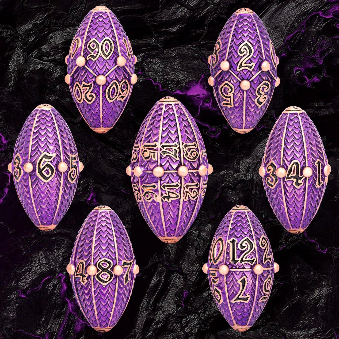 ARUOHHA DND Metal Dice Copper Purple Dragon Egg Dice with Metal Box, Role Playing Game RPG Polyhedral D and D Dice Set D20 D12 D10 D8 D6 D4