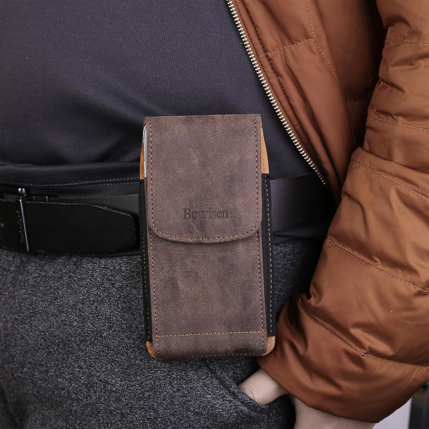 Phone Holster Pouch Case Belt Clip Loops Card Slot for Man iPhone12 13 14 15 16 17,11 12 13 14 15 16 17pro,17Air/Samsung S25 S24 S23 S22 S21 S20/LG/Moto (Brown&Yellow, L(6.1" x3.2''x0.8))