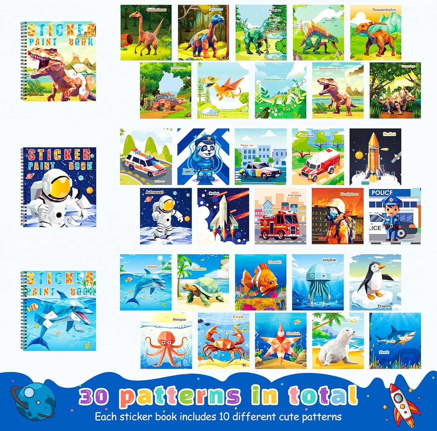 homicozy 4PCS Sticker Paint Books for Kids Ages 4-10,Dinosaur Astronaut Ocean Animals Designs Paint by Stickers,Sticker by Numbers,Party Birthday Gifts for Boys 4-10,Create 40 Pictures at a Time