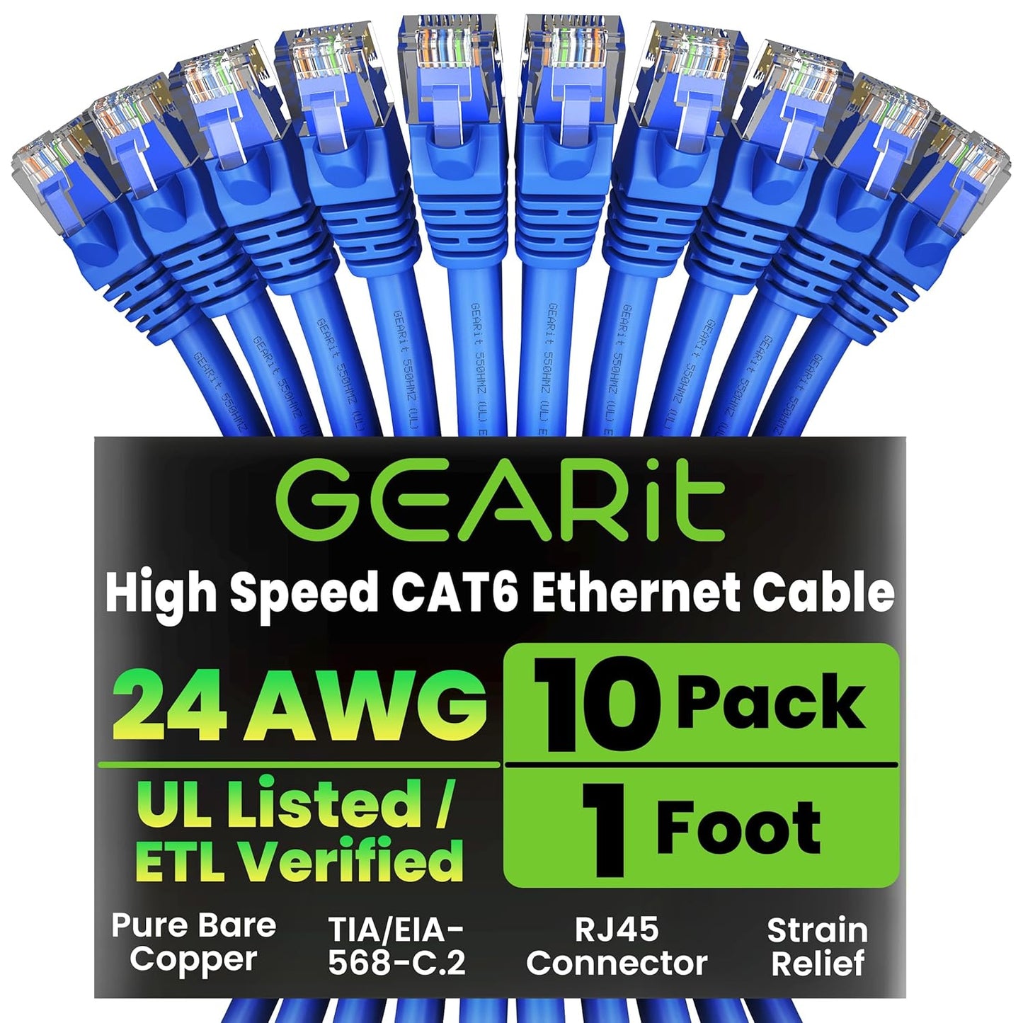 GearIT Cat 6 Ethernet Cable Pack - 10-Pack 1 ft Cat6 Ethernet Patch Cables | RJ45 Network Patch Cable, 10 Gbps Snagless Gold-Plated Connectors - Ethernet Cable Cat 6 for PC, TV, Router - Blue