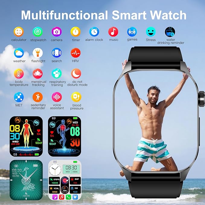 Advanced Health Smartwatch for Women Men with Real-Time Monitoring of Heart Rate, Blood Oxygen, Body Temperature, Blood Pressure, Sleep Quality and Stress Levels.Always-On Display (Blue)