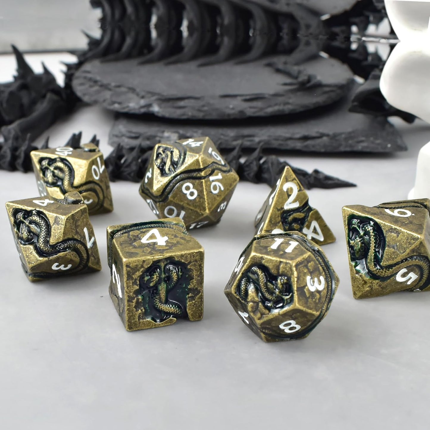 RULE DICE Metal D&D Dice, DND Dice Set, Polyhedral Dice for Dungeons and Dragons RPG Games | 7pc D and D Dice Set with Green Serpent | Gift for TTRPG Players