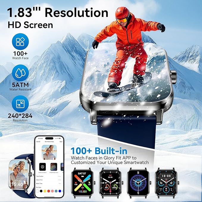 Smart Watches for Men Women, 1.83" HD Touchsreen, Bluetooth Calling, 5 ATM Water-Resistance, 130+ Sports Modes, Health, Fitness & Sleep Tracker, Timer, Pedometer, Fitness Watch for Android/iOS, Blue