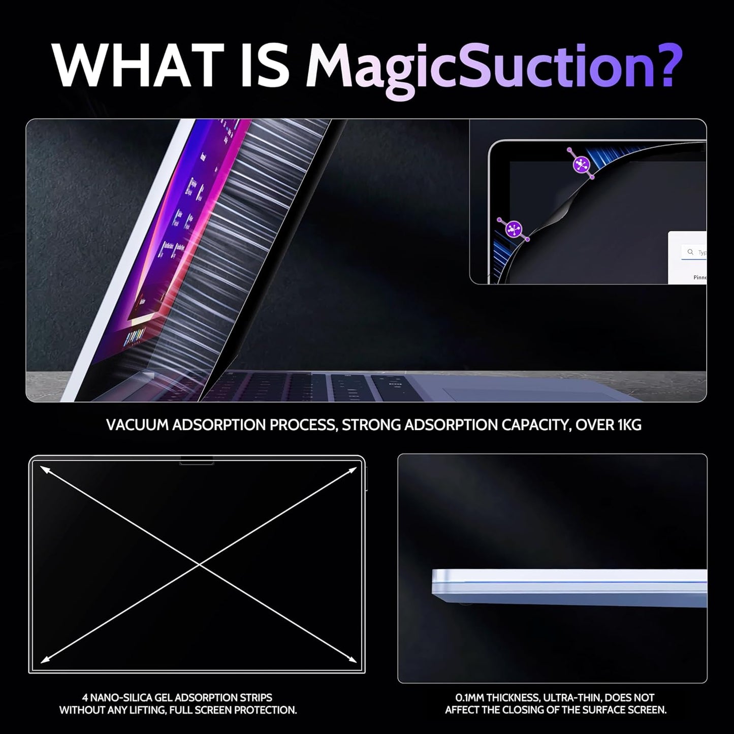 Privacy Screen for 12.4 Inch Surface Laptop Go 3/2/1, MagicSuction™ Removable Anti Spy Black Protector, Glare Blue Light Filter for Microsoft Laptop Computer Monitor
